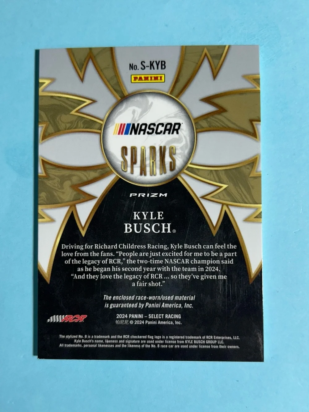 2024 Panini Kyle Busch NASCAR Sparks Material. Card #S-KYB